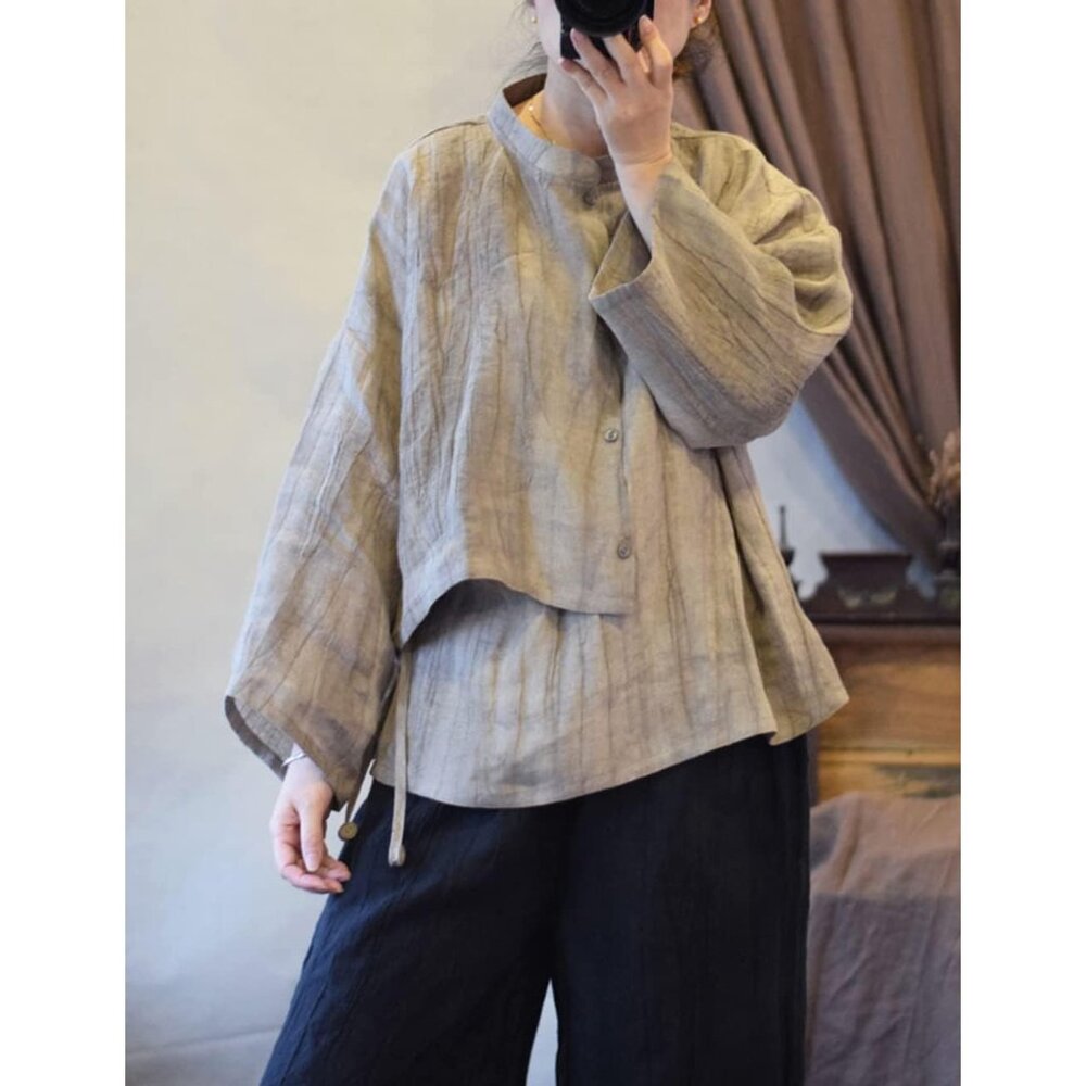 Women's Linen Asymmetrical Shirt Top Irregular Hem Tie Retro Stand Collar Button - Picture 8 of 9